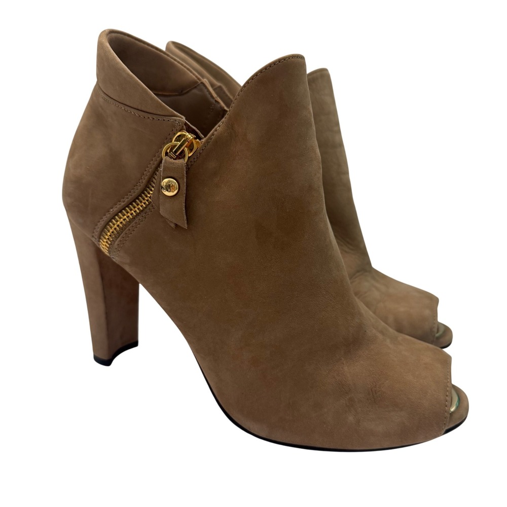 Stuart Weitzman Suede Peep Toe Booties Gold Zipper Heels Women's Shoes 7.5